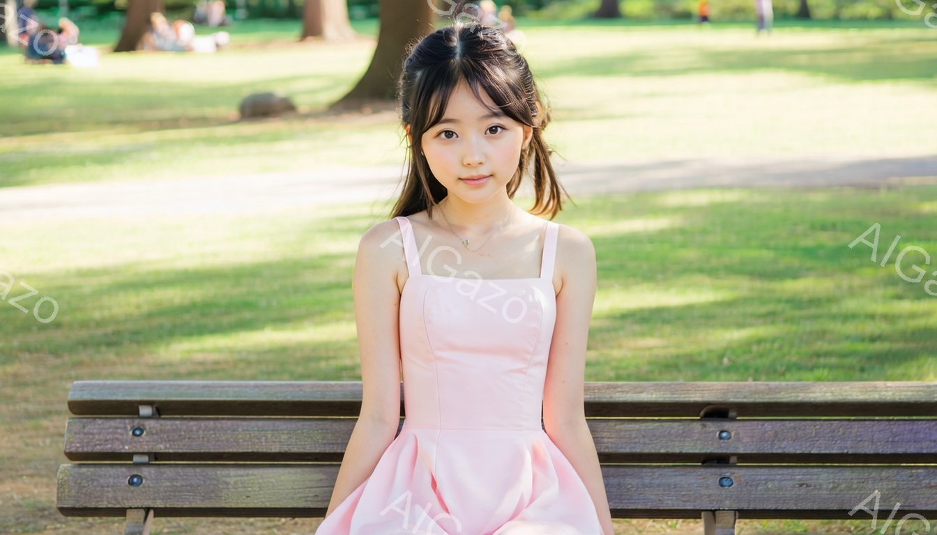 明るい日差しの公園で、ピンク色のワンピースを着た若い女性がベンチに座っています。彼女は黒髪で、顔の横に髪を分けています。穏やかな笑顔でカメラを見つめており、全体的に柔らかく優しい雰囲気が漂っています。
