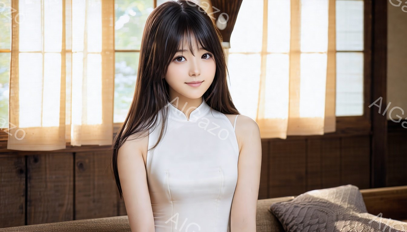 長い黒髪をセンターパートにした若い女性が、白いタンクトップドレスを着て、穏やかな表情で正面を見つめています。彼女はリラックスした姿勢で座っており、背景には木製の壁と柔らかな光が差し込む窓が見えます。全体的に、温かく落ち着いた雰囲気のポートレートです。