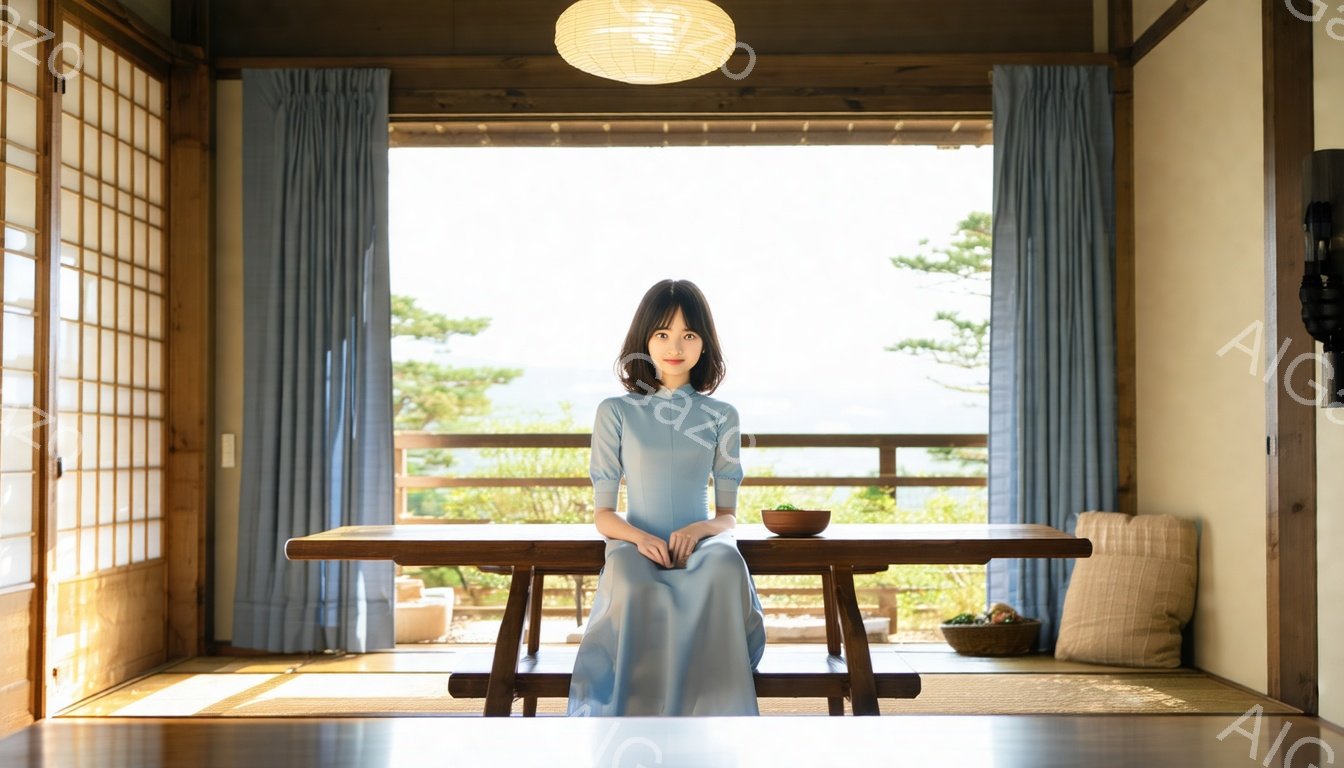 薄い水色のワンピースを着た若い女性が、畳の上に置かれた木製の低いテーブルを挟んで座っています。彼女は黒髪で、顔は穏やかで微笑んでいます。背景には障子戸と青いカーテン、そして緑豊かな庭園と海が見え、静かで落ち着いた雰囲気です。