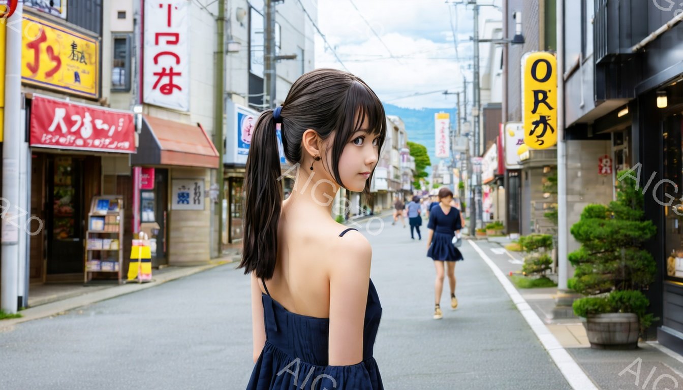 画像は、肩出しの濃い青色のワンピースを着た若い女性が、古い街並みを歩いている様子を捉えています。彼女は髪を高い位置でポニーテールにしており、少し悲しげな表情で振り返っています。背景には、日本の商店街が広がり、遠くには山々と曇り空が見え、どこか懐かしい雰囲気を醸し出しています。