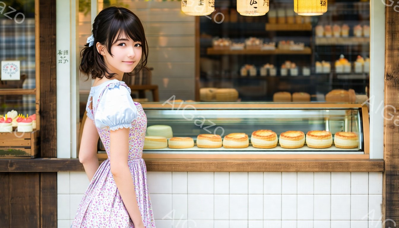 若い女性が、花柄のストラップドレスを着て、少し微笑んでいます。彼女は薄茶色の髪を後ろでまとめており、白いタイル張りのショーケースの前で立っています。ショーケースには丸いパンが並び、背景にはパン屋の店内が見え、暖かく明るい雰囲気が漂っています。