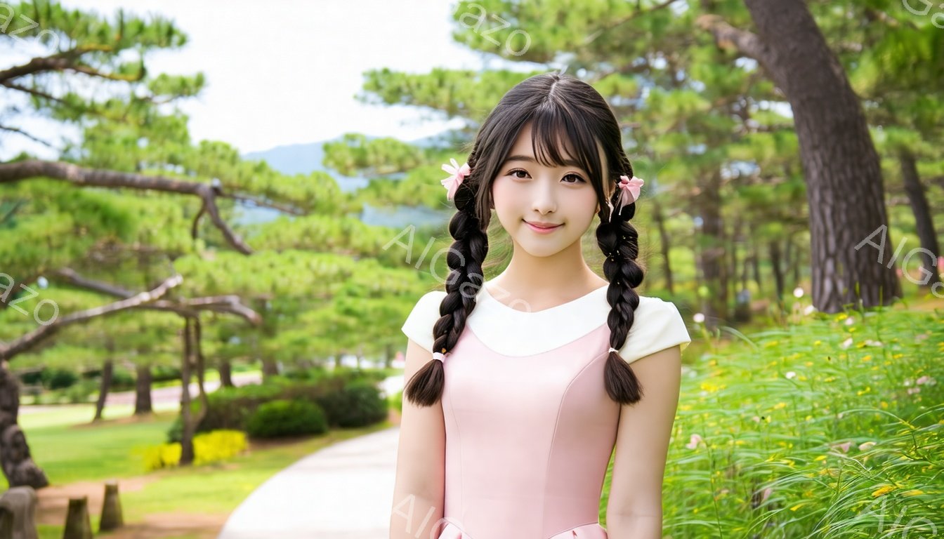 若い女性が、ピンクと白のワンピースを着て、ツインテールにしています。彼女は微笑んでおり、明るい表情でカメラに向かってポーズをとっています。背景には緑豊かな庭園、遊歩道、そして木々が見え、晴れた日の穏やかな雰囲気が漂っています。