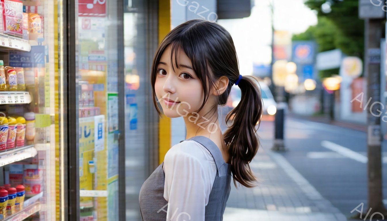 若い女性が自販機の前でこちらを見て微笑んでいます。彼女はグレーのタンクトップを着ており、髪は後ろでポニーテールにまとめています。背景には道路と建物が見え、晴れた日の穏やかな雰囲気を感じさせます。