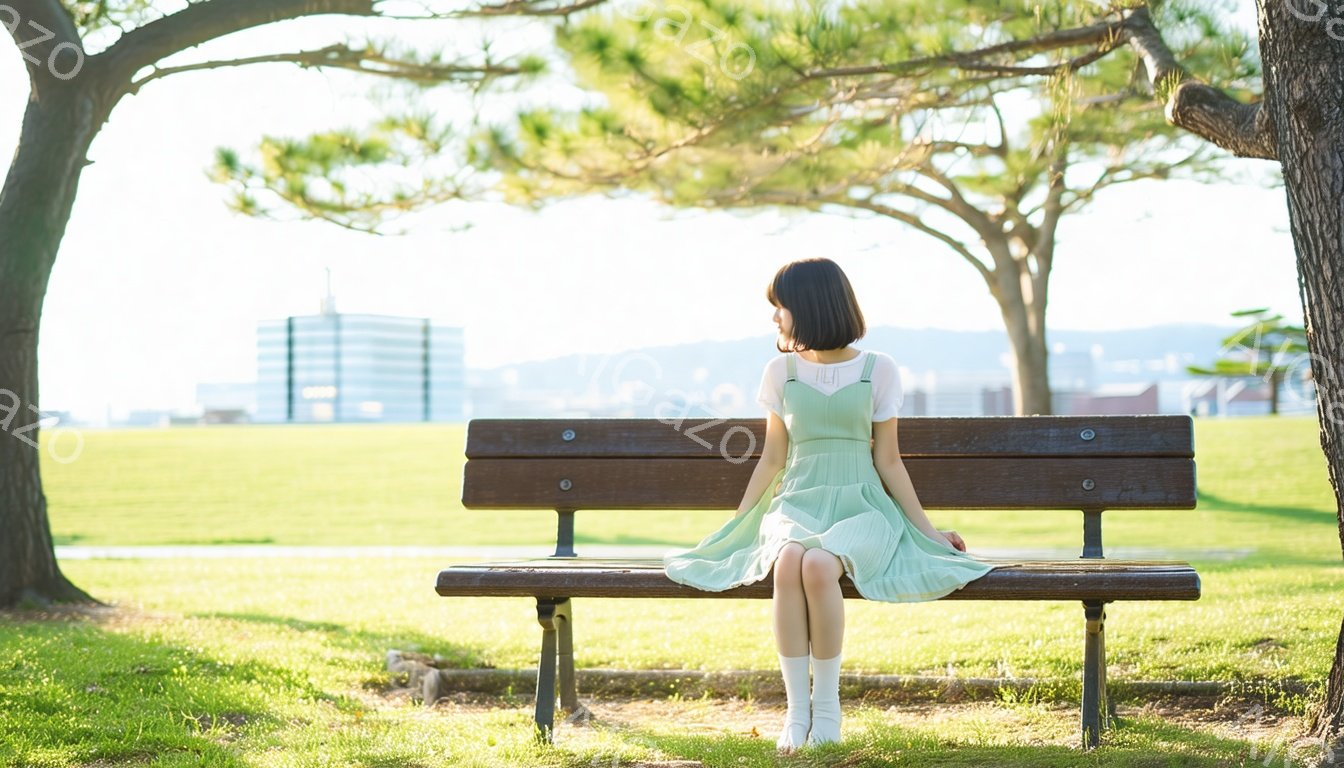 若い女性が公園のベンチに座っており、膝を揃えて足を組んでいます。彼女は薄い緑色のワンピースと白い靴下を履いており、後ろ姿のため表情は見えません。背景には緑の芝生、木々、そして遠くの都市の建物が見え、晴れた日の穏やかな雰囲気が漂っています。