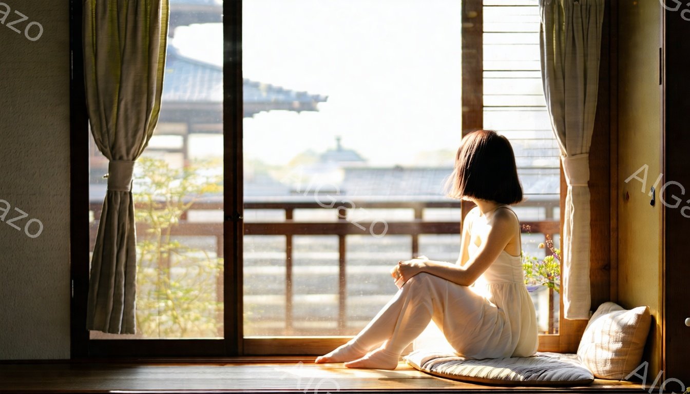 短い髪の女性が畳の上に座り、窓の外を眺めている。白いワンピースを着ており、リラックスした姿勢で膝を抱えている。背景には伝統的な日本家屋と緑豊かな景色が広がり、穏やかで静かな雰囲気が漂っている。