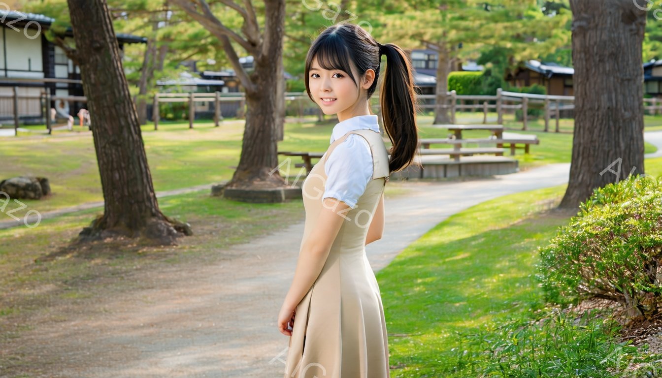 若い女性が、ベージュ色のサスペンダーワンピースの上に白いブラウスを着ています。彼女は長い黒髪をポニーテールにし、少し微笑んでこちらを見ています。背景には緑豊かな芝生、木々、そして木製の柵に囲まれた日本の伝統的な建物が見え、晴れた日の穏やかな雰囲気を醸し出しています。