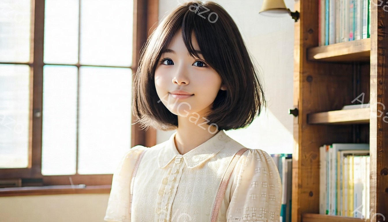 若い女性がカメラに向かって微笑んでいます。彼女はクリーム色のブラウスを着ており、肩には赤い紐があしらわれています。背景には木製の本棚があり、窓から柔らかい光が差し込んで、全体的に温かく穏やかな雰囲気を醸し出しています。