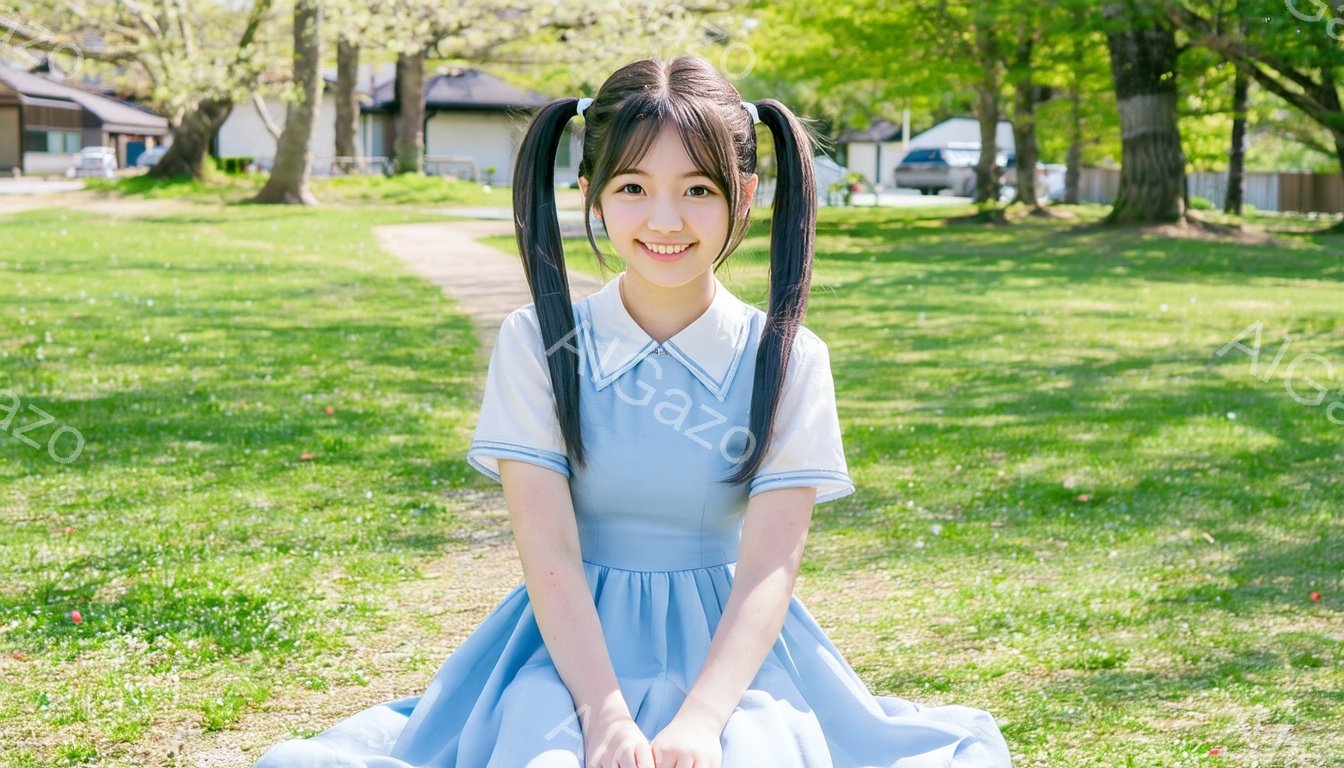 明るい青色のワンピースを着た若い女性が、緑の芝生の上に座っています。彼女は髪をツインテールにし、笑顔でカメラを見ています。背景には木々や建物が見え、春の穏やかな日差しの中で撮影されたようです。