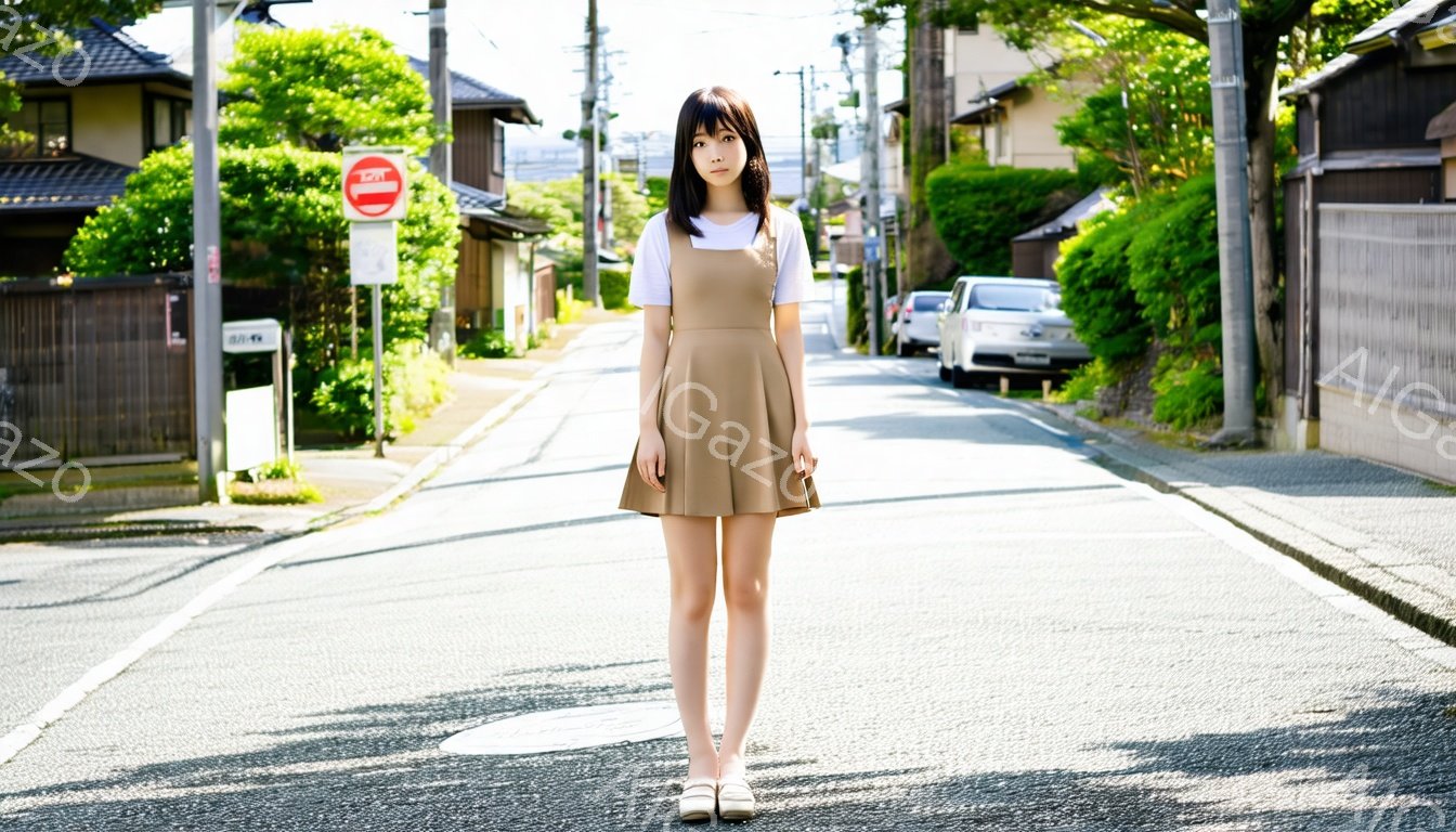 若い女性がアスファルトの道路に立っている。ベージュのオーバーオールのようなワンピースを着ており、白いインナーが覗いている。背景には住宅や木々が見え、天気は晴れで、全体的に穏やかな雰囲気である。