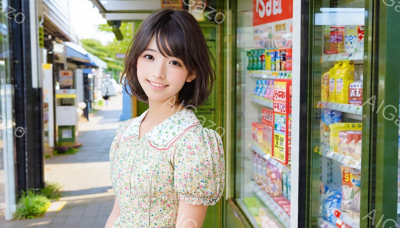 若い女性が、花柄のワンピースを着て、明るい笑顔でカメラを見ている。彼女は肩まで届く長さの茶髪で、前髪を少しふんわりと流している。背景には自動販売機や商店街の風景が見え、晴れた日の穏やかな雰囲気が感じられる。