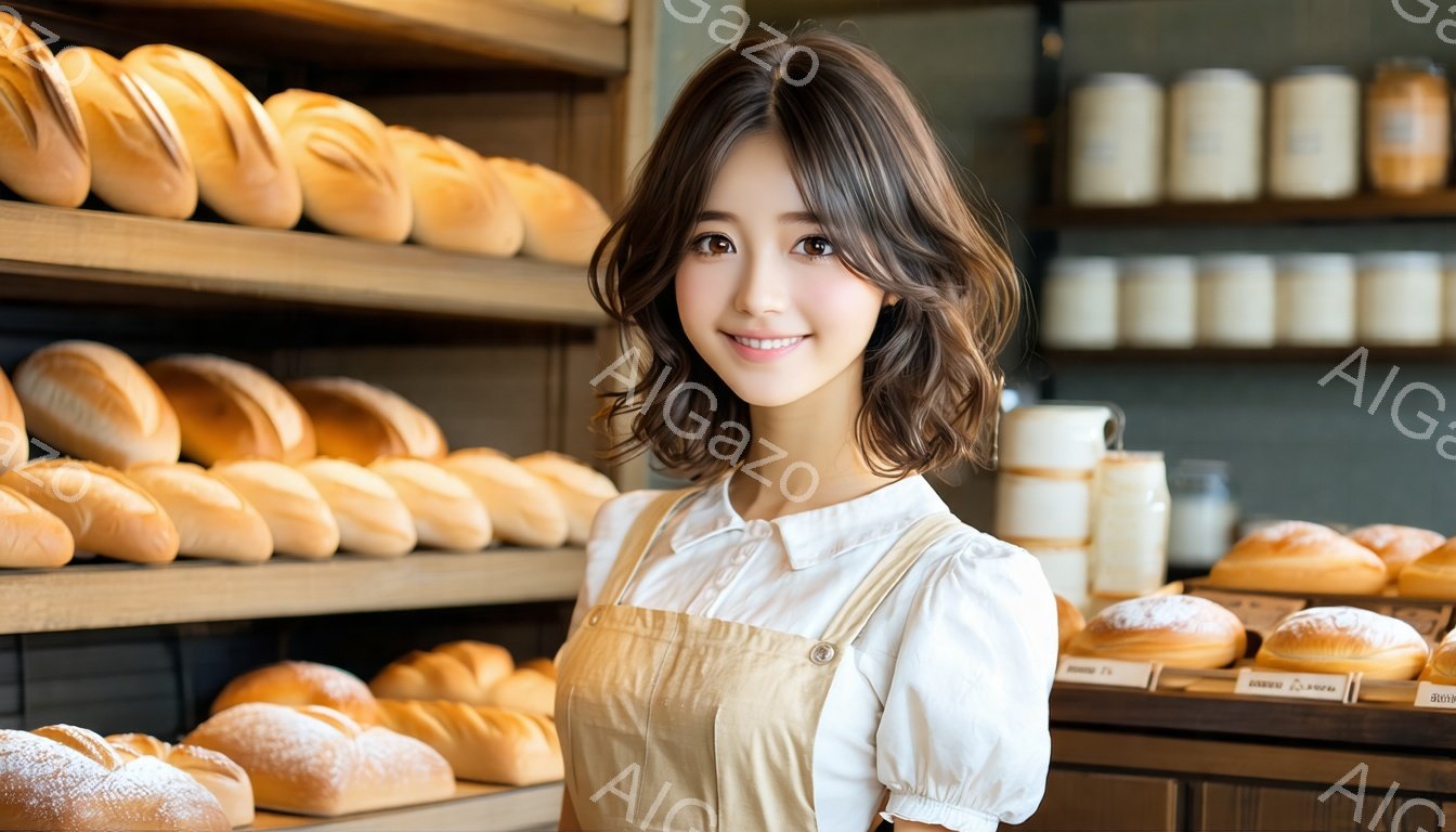 画像には、パン屋の棚の前で微笑む若い女性が写っています。彼女は白いブラウスとベージュのエプロンを着ており、ゆるくウェーブした茶髪が肩にかかっています。背景には様々なパンが並び、店内の温かく優しい雰囲気が伝わってきます。