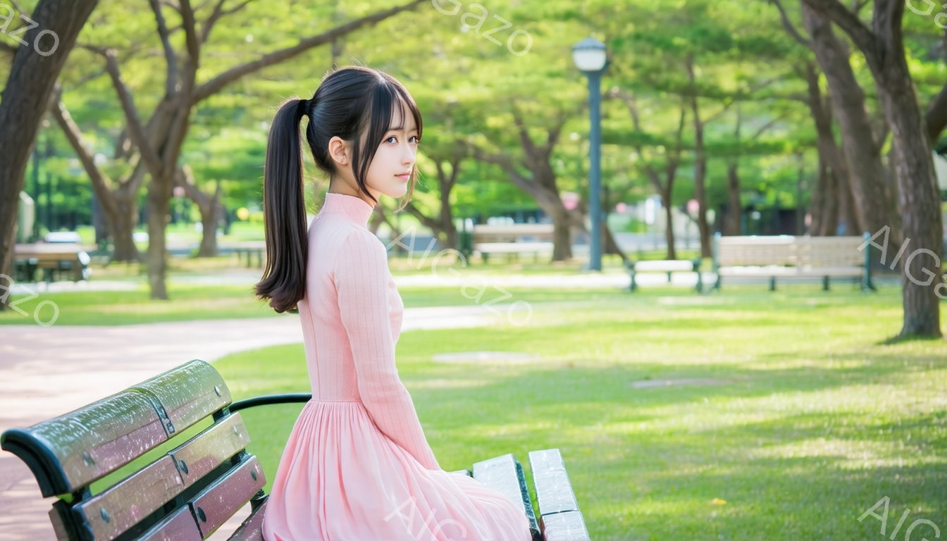 薄桃色のワンピースを着た女性が公園のベンチに座っています。彼女は長い黒髪をポニーテールにし、少し振り返って微笑んでいます。背景には緑豊かな木々と芝生が広がり、晴れた日の穏やかな雰囲気が漂っています。