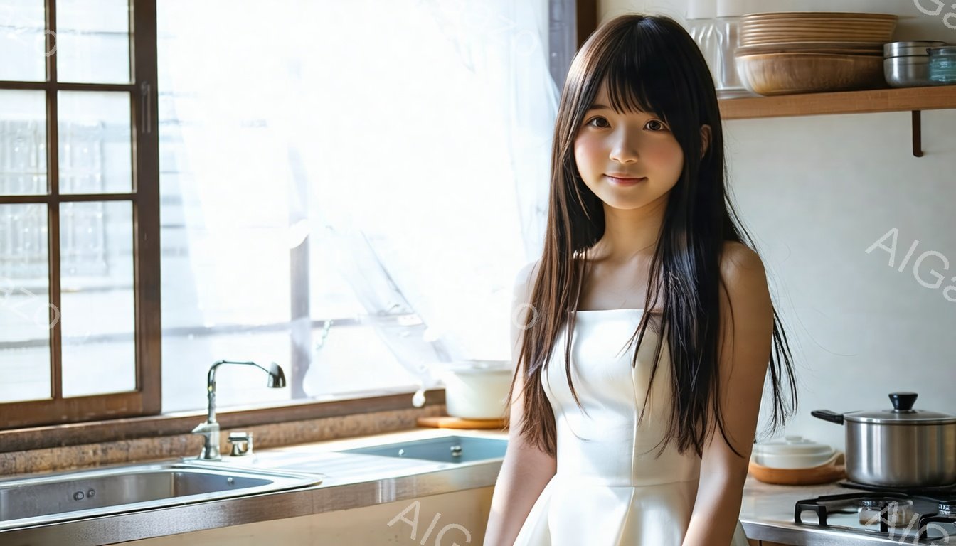 長い黒髪の女性がキッチンに立っており、オフショルダーの白いトップスを着ています。彼女は少し微笑んでおり、リラックスした雰囲気です。背景には窓、シンク、調理台、ガスコンロが見え、家庭的な温かさを感じさせる空間です。