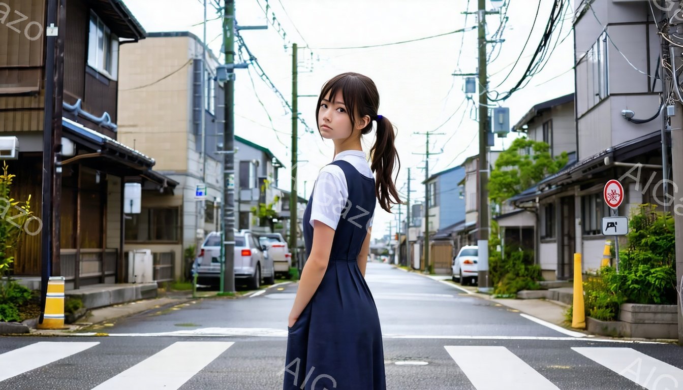 画像には、紺色のワンピースと白いブラウスを着た若い女性が写っています。彼女は長い黒髪をポニーテールにし、少し悲しげな表情で横を向いています。背景には、路地のような狭い道が続き、両脇に古い木造家屋が並び、天候は曇りです。
