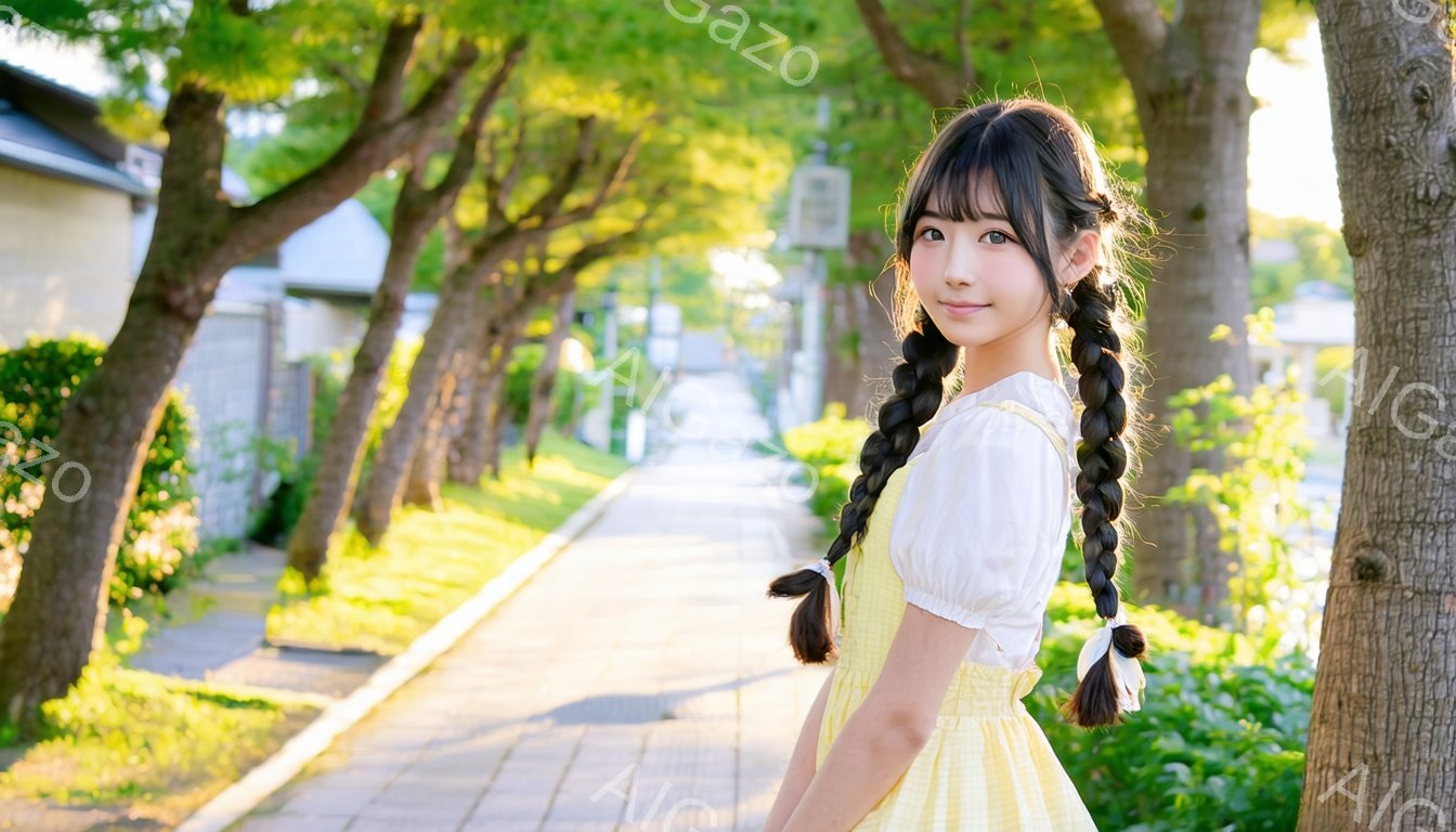 少女は、クリーム色のパフスリーブのブラウスと、黄色いチェック柄のワンピースを着ています。彼女は髪を二つに分けて三つ編みにし、少し微笑んでいます。背景には緑豊かな木々が生い茂る歩道があり、晴れた日の穏やかな雰囲気が漂っています。