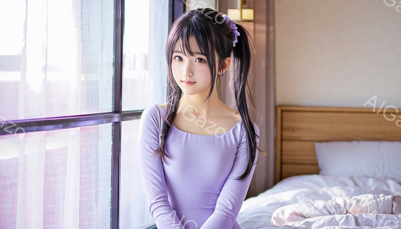 長い黒髪を二つに分けて結び、髪飾りをつけている若い女性が写っています。薄紫色の長袖ワンピースを着て、窓辺で穏やかな表情で正面を見ています。背景にはぼやけたベッドと窓の外の建物が見え、全体的に柔らかく優しい雰囲気が漂っています。