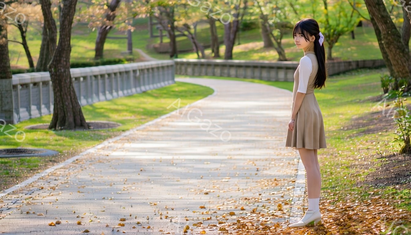 明るい日差しの下、若い女性がコンクリートの遊歩道を歩いています。ベージュのワンピースに白い靴下と靴を履き、ロングヘアは後ろで一つに結ばれています。遊歩道の両脇には緑豊かな木々が生い茂り、地面には落ち葉が散らばり、穏やかで自然な雰囲気を醸し出しています。
