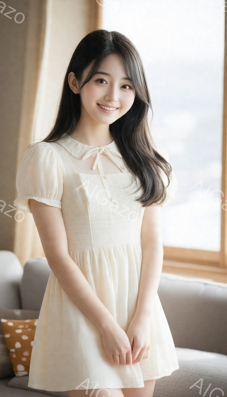長い黒髪を肩にかかるように下ろし、明るい笑顔を浮かべた若い女性が立っています。オフホワイトのプリーツドレスに、リボン付きの襟が可愛らしい印象を与えます。背景には大きな窓とソファーがあり、室内は明るく、暖かく穏やかな雰囲気です。