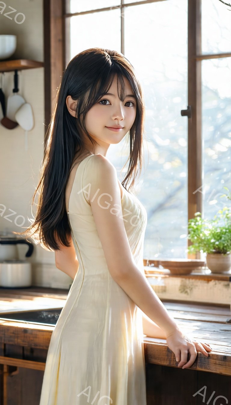 長い黒髪の女性が、クリーム色のキャミソールワンピースを着て、キッチンカウンターにもたれかかって立っています。彼女は微笑んでいて、優しく穏やかな表情をしています。背景には窓から差し込む光があり、カウンターの上には植物が飾られ、暖かく家庭的な雰囲気が漂っています。