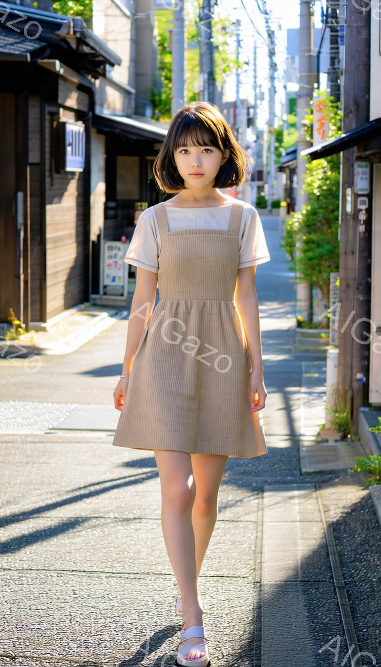 若い女性がベージュのサスペンダーワンピースと白いTシャツを着て、石畳の道の中央を歩いている。彼女は肩までの長さのダークブラウンの髪で、前髪が目にかかり、表情は穏やかだ。背景には古い木造建築や緑が茂った植物が見え、日差しが差し込む狭い路地で、ノスタルジックで落ち着いた雰囲気が漂っている。