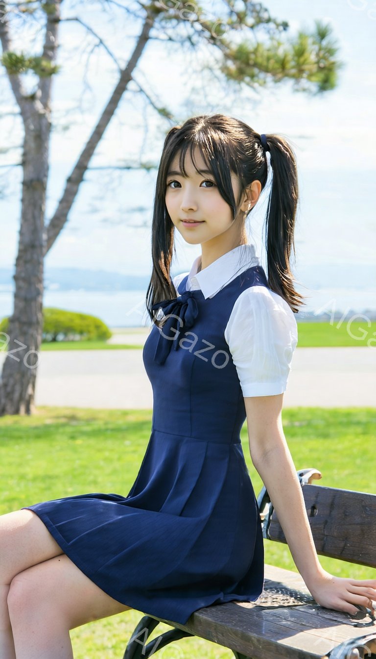 画像は、制服を着た若い女性が公園のベンチに座っている様子を捉えています。彼女は白いブラウスに濃い青色のスカートを着用し、髪はツインテールに結ばれています。穏やかな笑顔で、リラックスした雰囲気の中で、穏やかな晴天の下で楽しんでいるようです。