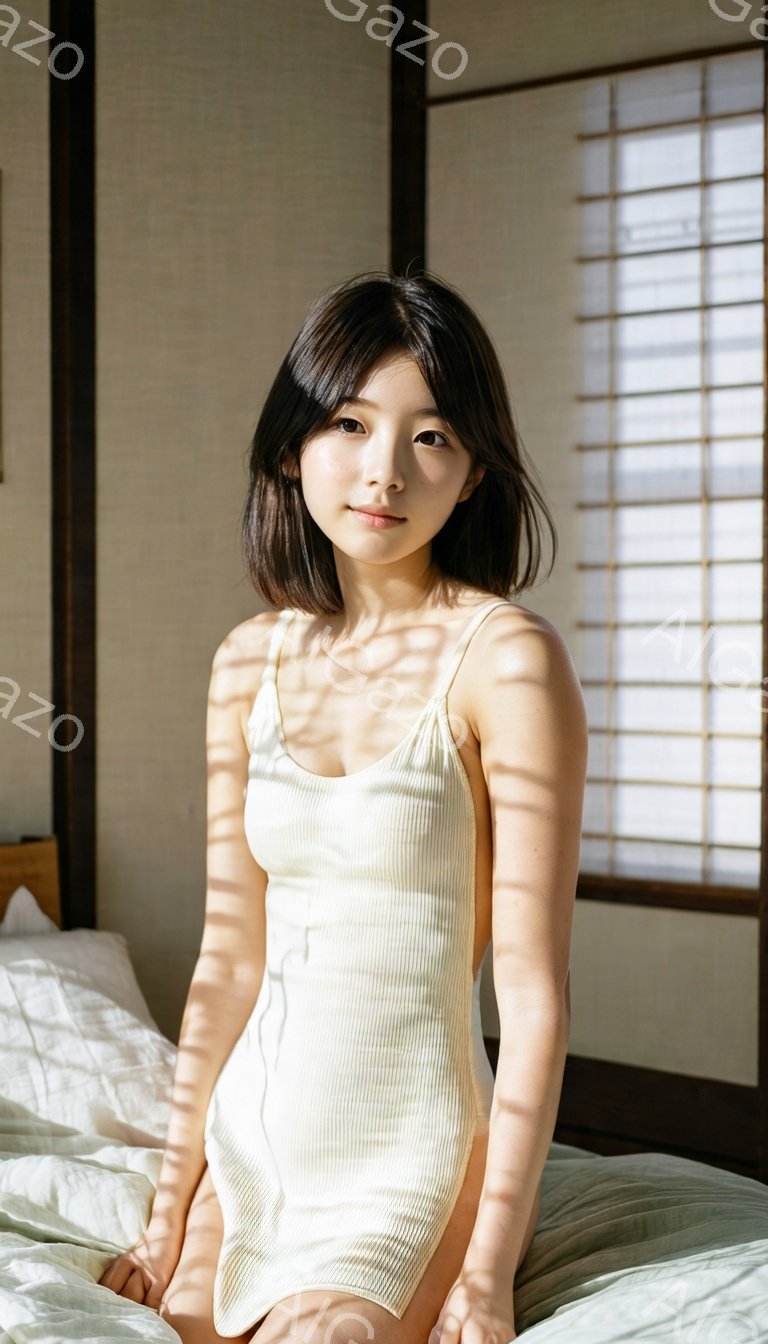 薄いクリーム色のキャミソールドレスを着た若い女性が、シーツが敷かれたベッドに座っています。彼女は短いダークブラウンの髪を持ち、穏やかで少し微笑んだ表情をしています。背景には和風の格子戸と柔らかな光が差し込んでおり、リラックスした落ち着いた雰囲気を醸し出しています。
