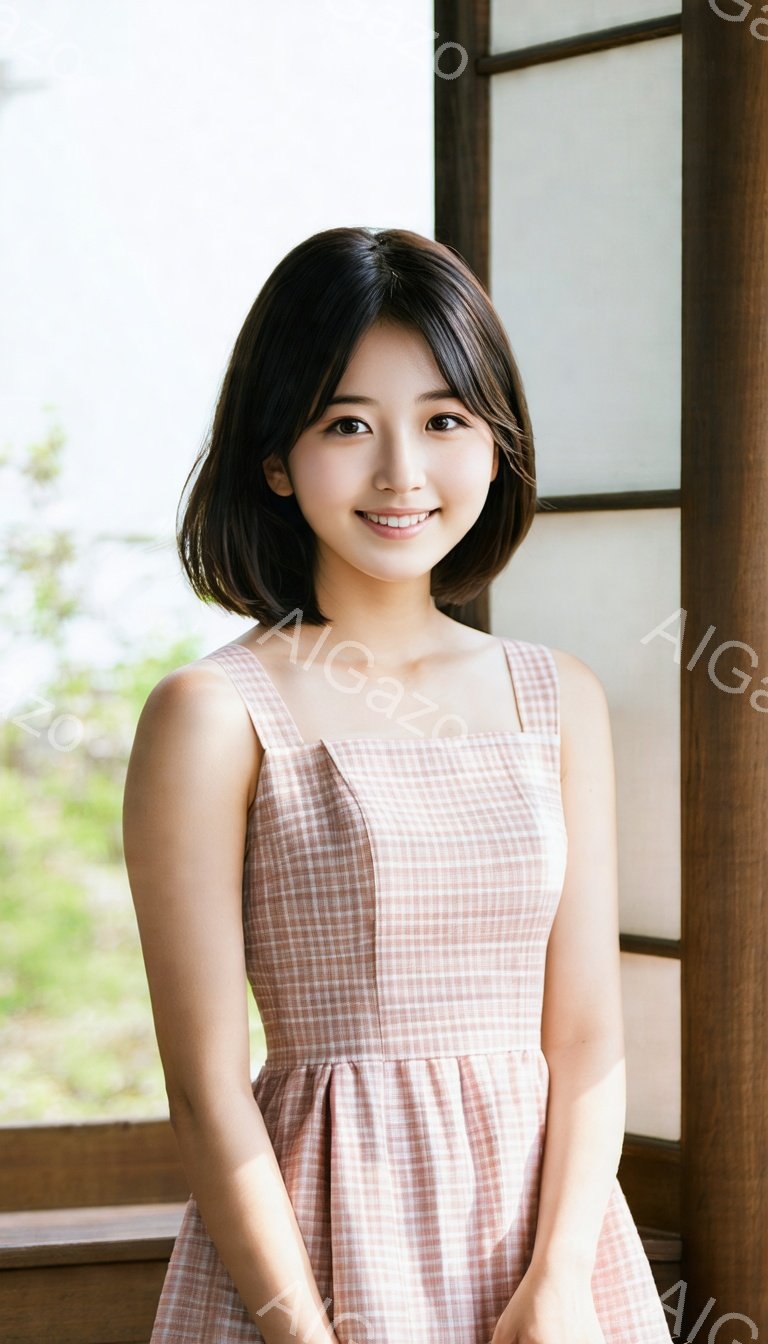 若い女性が、ピンクと白のチェック柄のサスペンダーワンピースを着ています。彼女は黒髪のショートボブで、微笑みを浮かべてカメラを見ています。背景は木製の窓枠と緑豊かな自然で、明るく穏やかな雰囲気です。