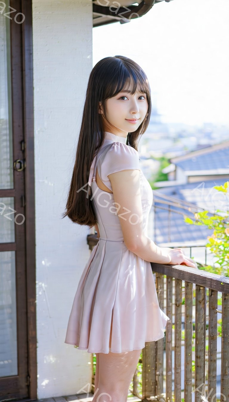 明るい日差しの中、若い女性が淡いピンク色のワンピースを着てバルコニーに立っている。彼女は肩まで伸びた黒髪で、微笑みを浮かべながらこちらを見ている。背景には、伝統的な屋根の建物と緑豊かな自然が広がり、穏やかで暖かい雰囲気を醸し出している。