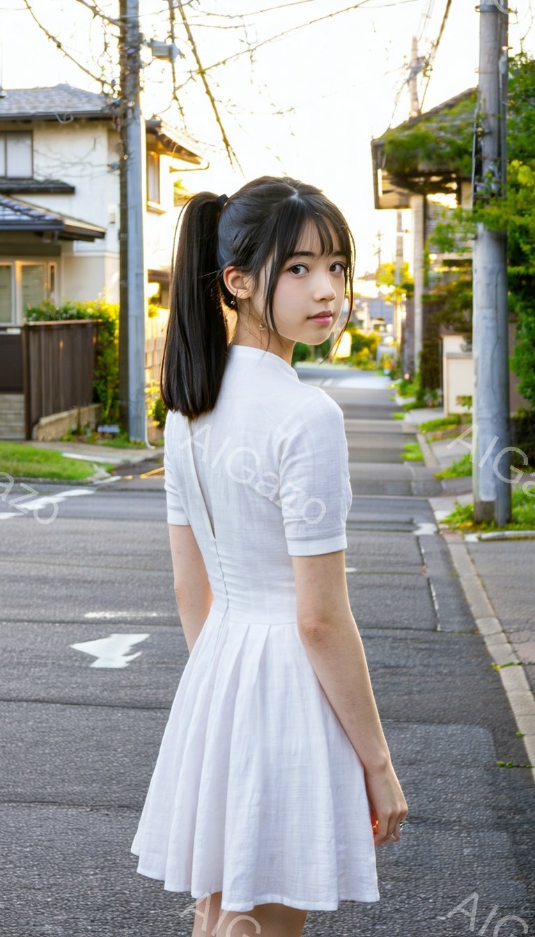 黒髪をポニーテールにした若い女性が、白いワンピースを着てアスファルトの道に立っている。彼女は後ろを振り返り、わずかに微笑んでいるように見える。背景には住宅街が広がり、夕暮れ時の柔らかい光が辺りを照らしている。