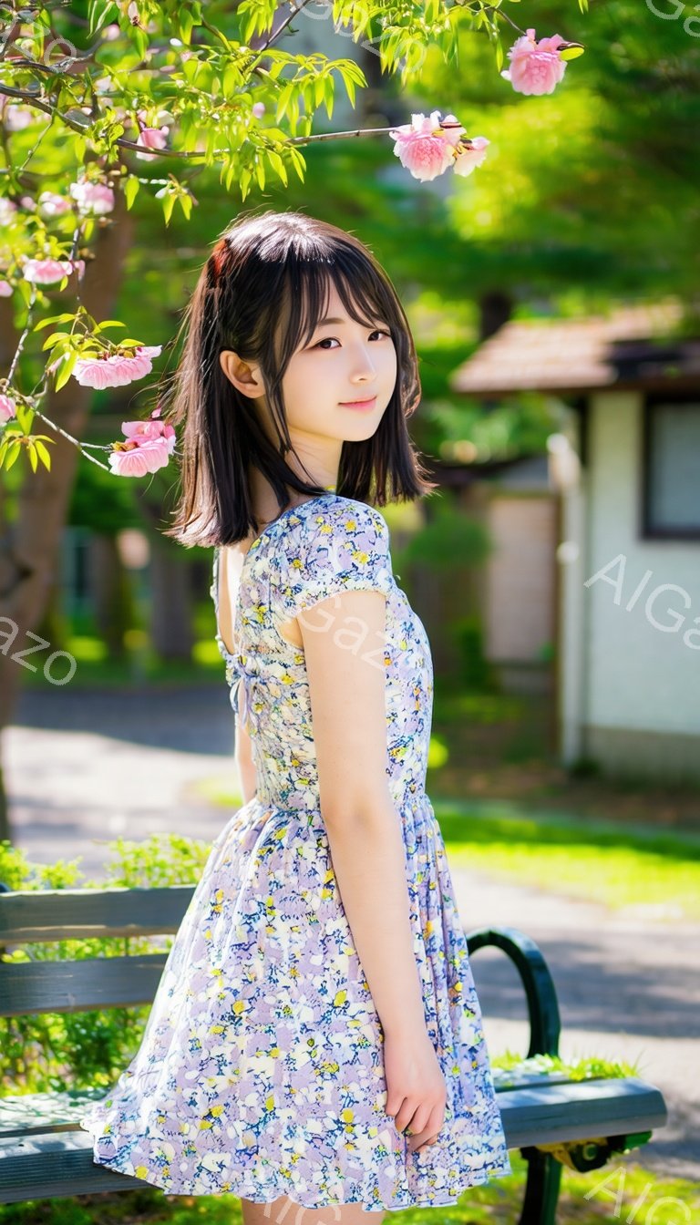 短い黒髪の女性が、薄紫色の花柄のワンピースを着て、公園のベンチの前に立っている。彼女は少し微笑んでおり、姿勢はリラックスしている。背景には緑豊かな芝生、桜の木、そして日本の伝統的な建物が見え、晴れた日の穏やかな春の雰囲気を醸し出している。