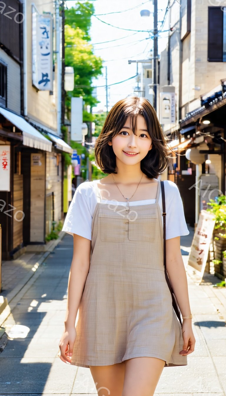 若い女性が、白いTシャツの上にベージュ色のオーバーオールを着て、石畳の道で正面を向いて立っている。彼女は肩までの長さの茶髪で、明るい笑顔を浮かべており、首には細いネックレスが光っている。背景には、伝統的な日本の木造家屋が立ち並び、明るい日差しが降り注ぎ、穏やかで親しみやすい雰囲気を醸し出している。