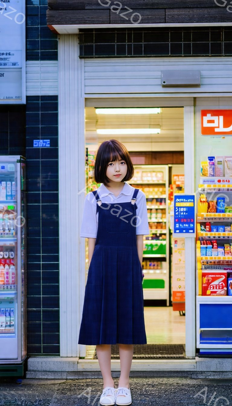 画像には、紺色のサスペンダーワンピースに白いブラウスを着た若い女性が立っています。彼女は黒いボブヘアで、表情は穏やかで、少し微笑んでいます。背景には、商品が並んだコンビニエンスストアがあり、全体的に落ち着いた雰囲気です。