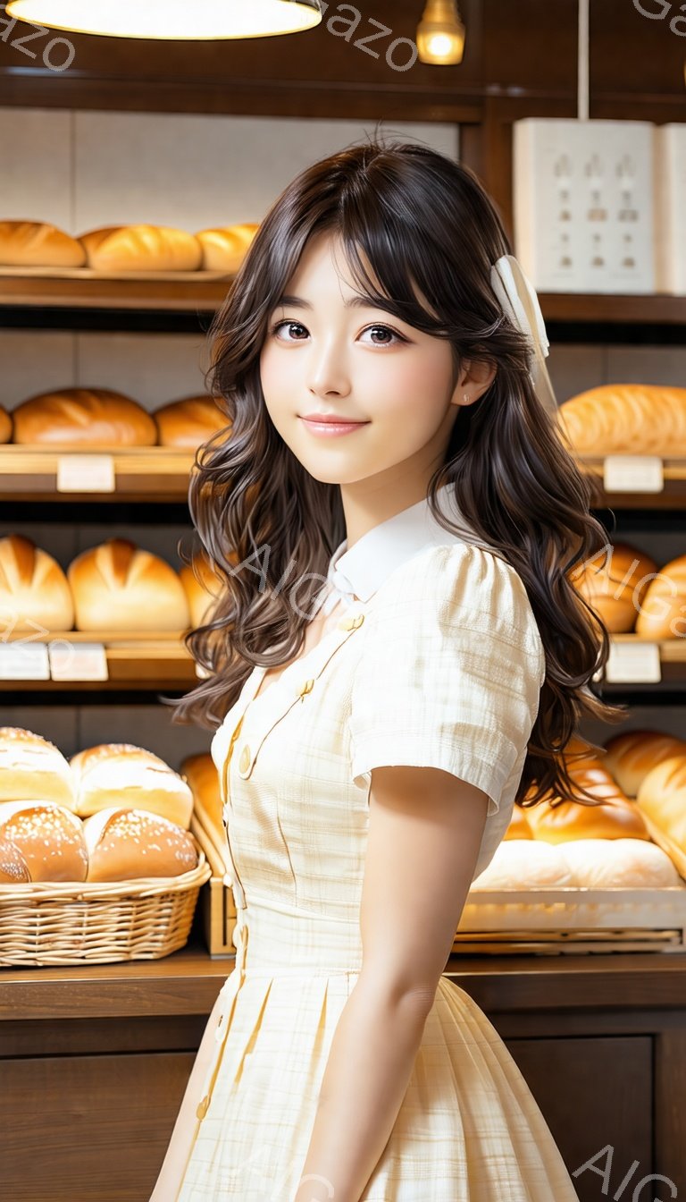 明るい色のチェック柄のワンピースを着た若い女性が写っています。彼女は髪を軽くカールさせ、白いバレッタをつけています。背景にはパン屋の棚があり、様々な種類のパンが並んでいます。
