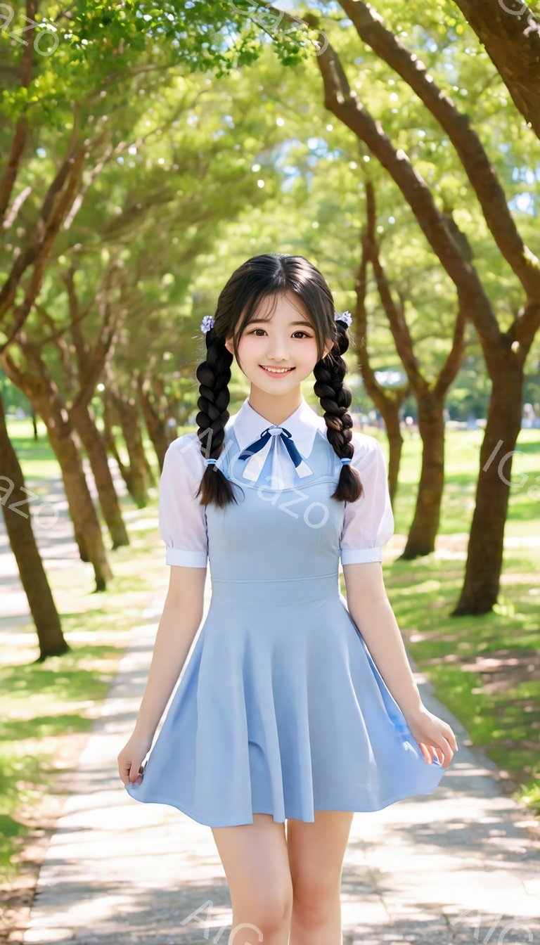 青いワンピースを着た若い女性が、少し微笑みながらカメラに向かって立っています。彼女の髪は二つに分けて結ばれており、それぞれの結び目に花飾りをつけています。背景には緑豊かな木々が生い茂り、明るい日差しが差し込んで穏やかな雰囲気を醸し出しています。