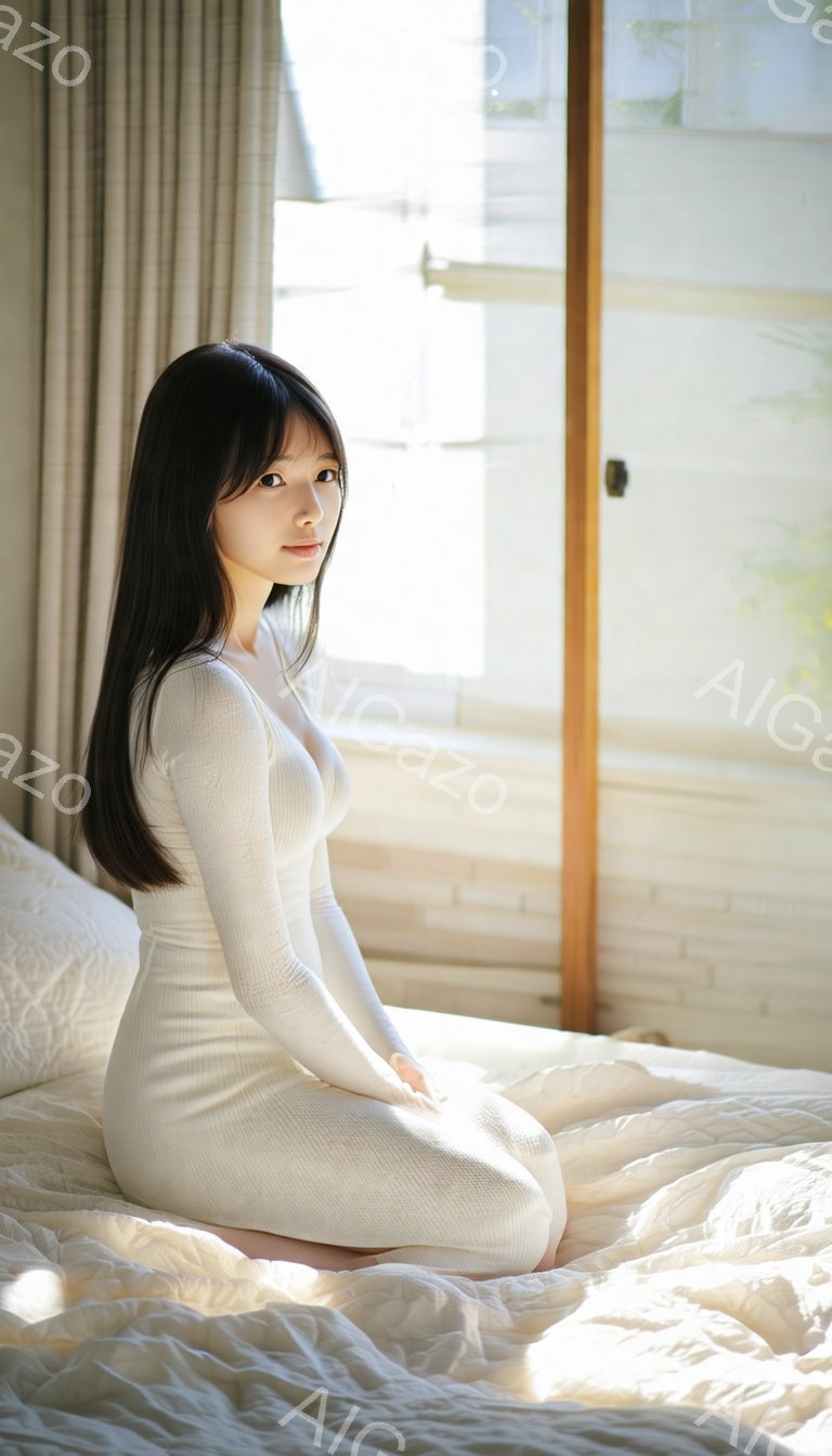 長い黒髪を耳にかける女性が、白いリブニットのワンピースを着て、ベッドの上に座っています。彼女は優しく微笑んでおり、穏やかな表情をしています。背景には窓があり、日の光が差し込み、暖かく柔らかい雰囲気を作り出しています。