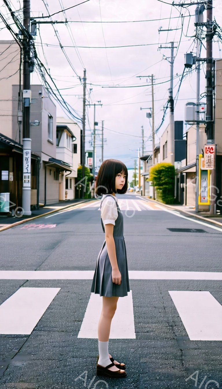 短い黒髪の少女が、灰色のワンピースと白いソックス、黒い靴を履いて、横断歩道の上に立っている。彼女は少し緊張した表情で、正面を見据えている。背景には、古い木造家屋や電柱が並び、曇り空の下、少し寂しげな日本の住宅街の風景が広がっている。