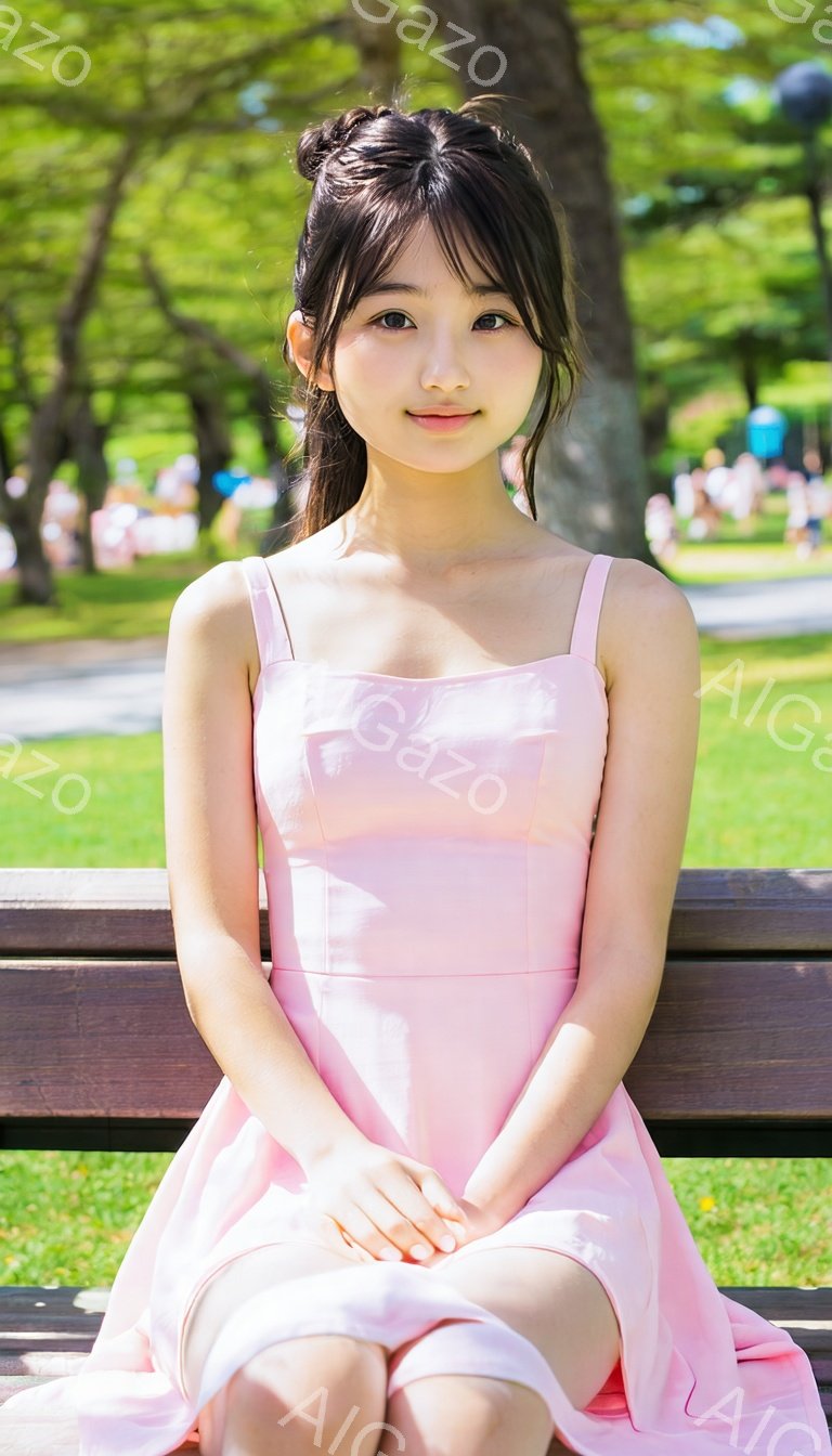 若い女性がピンク色のドレスを着て、公園のベンチに座っています。彼女は黒髪で、前髪を少しおろしたスタイルで、穏やかな笑顔を浮かべています。背景には緑豊かな木々と青空が広がり、春または夏の晴れた日の穏やかな雰囲気が漂っています。
