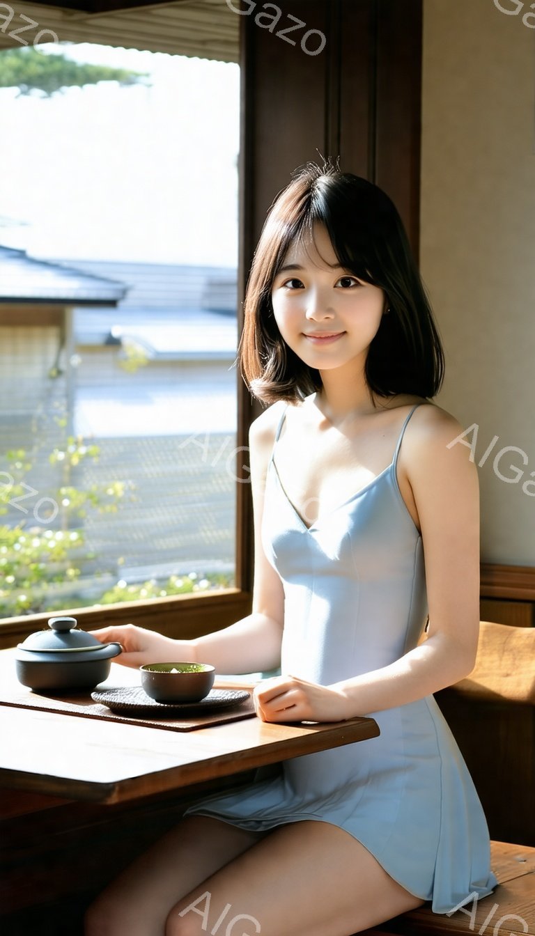 浅い藍色のキャミソールワンピースを着た若い女性が、窓際の木製のテーブルに座っています。彼女は黒髪で、前髪を少し横に流し、穏やかな笑顔を浮かべています。背景には緑豊かな庭園と伝統的な日本の家屋が見え、静かで穏やかな雰囲気を醸し出しています。