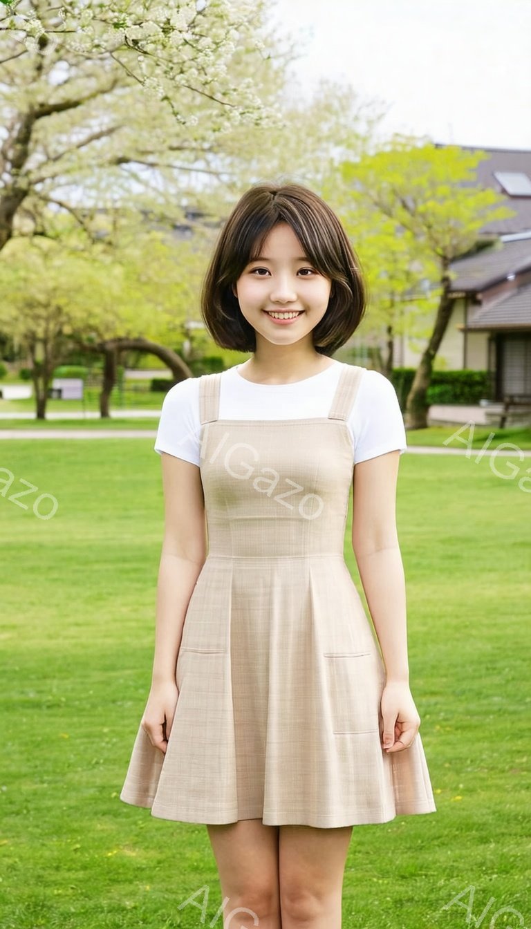 若い女性が、白いTシャツの上にベージュ色のチェック柄のオーバーオールを着て、緑の芝生の上に立っています。彼女は短い黒髪で、微笑んでおり、リラックスした姿勢で両手を体の横に置いています。背景には、桜の木や日本の伝統的な家屋が見え、穏やかで春らしい雰囲気が漂っています。