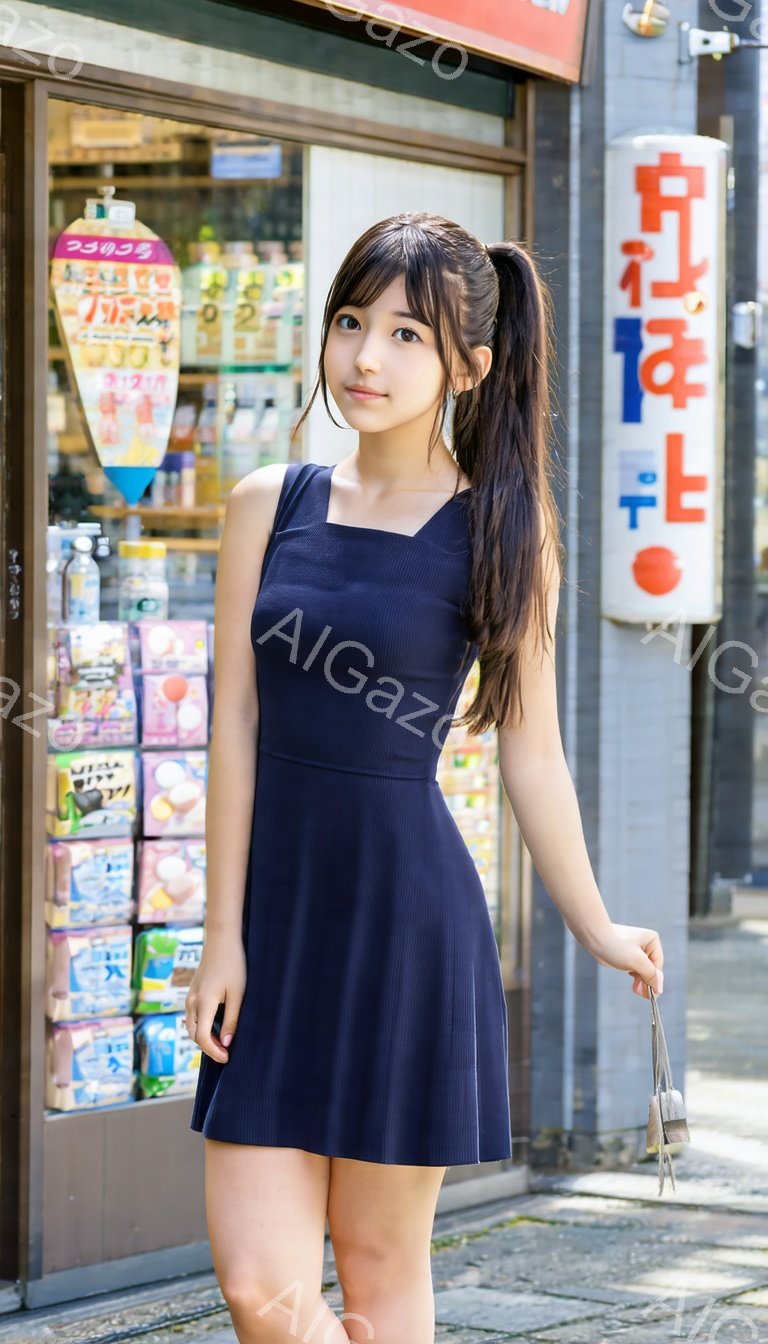 黒いミニワンピースを着た若い女性が、少し微笑みながらカメラを見ています。彼女は長い黒髪をポニーテールにし、リラックスした姿勢で立っています。背景には、商品が並んだ店と、日差しの当たった歩道が見え、穏や - AI生成フリー素材