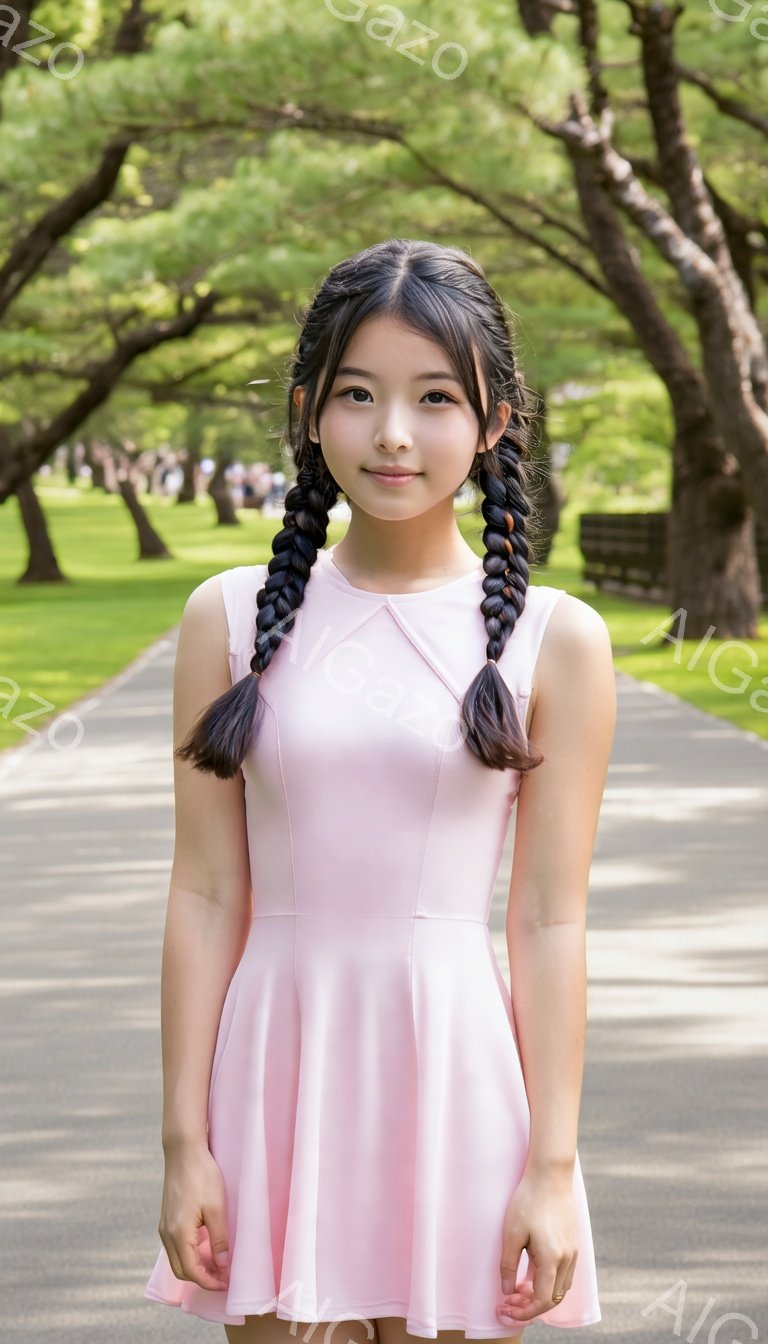 若い女性がピンク色のワンピースを着て、ツインテールにしています。彼女はカメラに向かって微笑んでおり、姿勢はまっすぐです。背景には緑豊かな木々と歩道があり、晴れた日の穏やかな雰囲気が漂っています。
