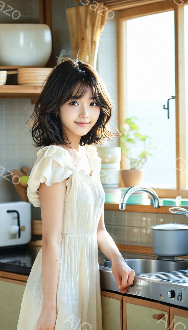 明るいキッチンに立つ若い女性が写っています。クリーム色のフリル付きのワンピースを着ており、肩までの長さの黒髪は少しウェーブがかかっています。彼女は微笑んでおり、リラックスした雰囲気で、まるで料理の準備をしているかのようです。