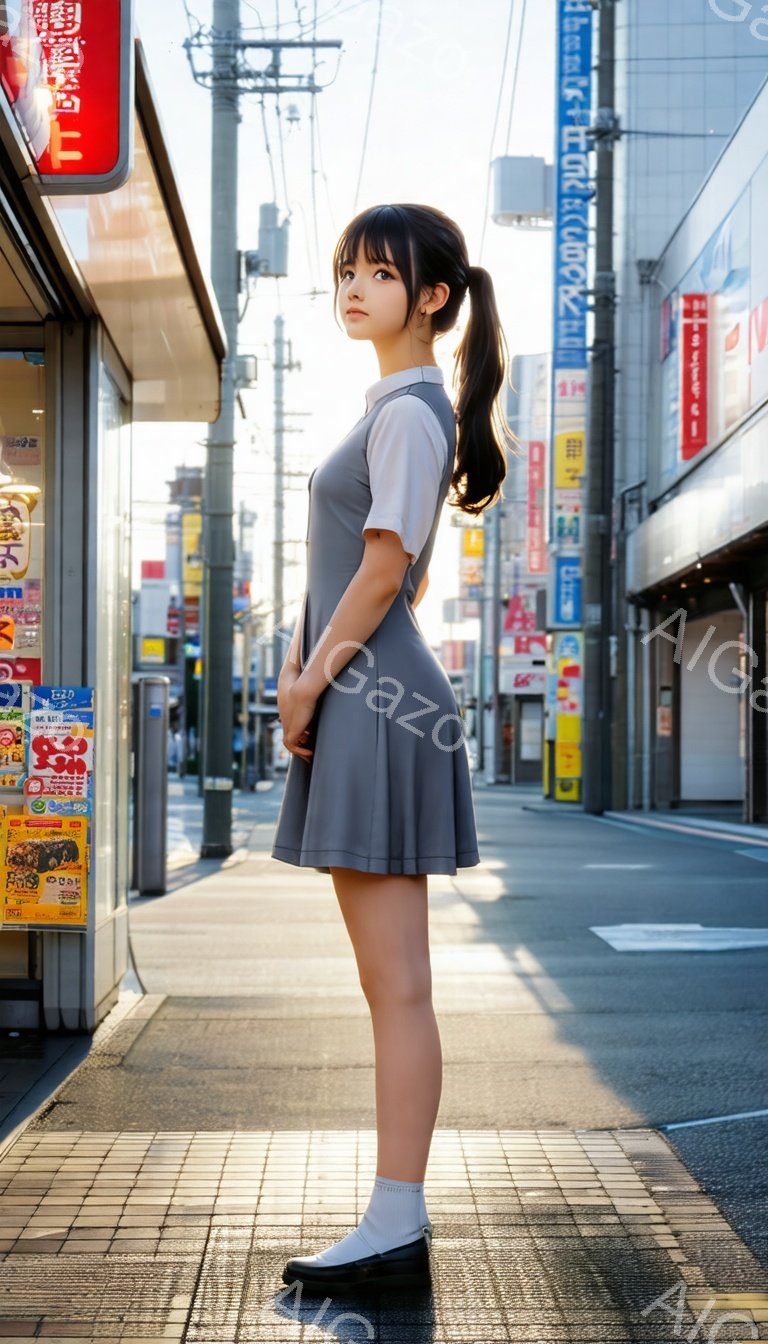 画像には、制服を着た若い女性が写っています。彼女は膝丈のグレーのスカートと白のブラウスを着ており、黒いリボンで髪を結んでいます。背景には、日本の都市の通りが広がり、商店や電柱が並んでいます。
