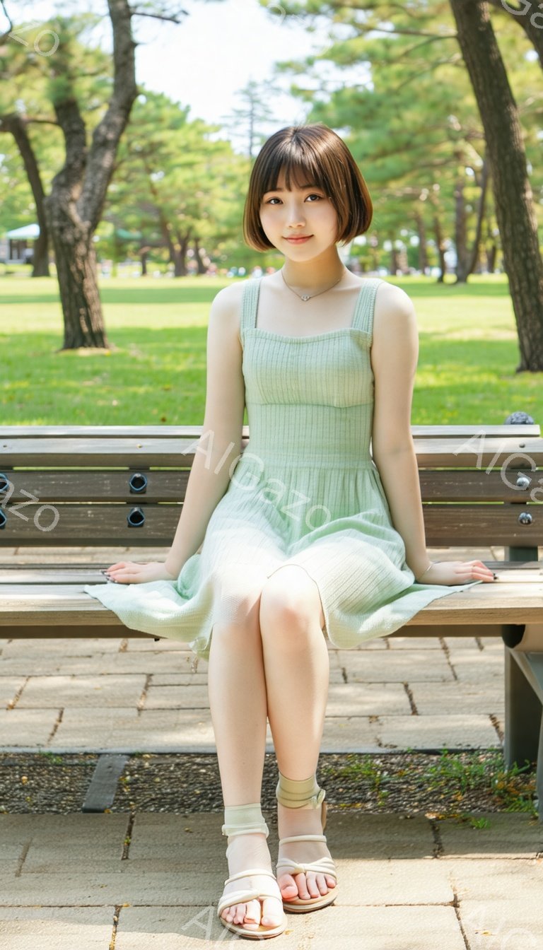 若い女性が公園のベンチに座っており、淡い緑色のキャミソールワンピースを着ています。彼女は短い黒髪で、控えめな笑顔を浮かべており、足元には白いサンダルを履いています。背景には緑豊かな木々と明るい日差しがあり、穏やかでリラックスした雰囲気を醸し出しています。