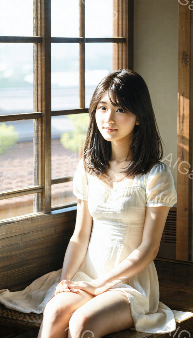 長い黒髪の女性が、クリーム色のパフスリーブのワンピースを着て、窓際の床に座っています。彼女は穏やかな微笑みを浮かべ、両手を膝の上に重ねています。背景には格子状の窓枠と、ぼやけた外観が見え、全体的に暖かく柔らかな雰囲気です。