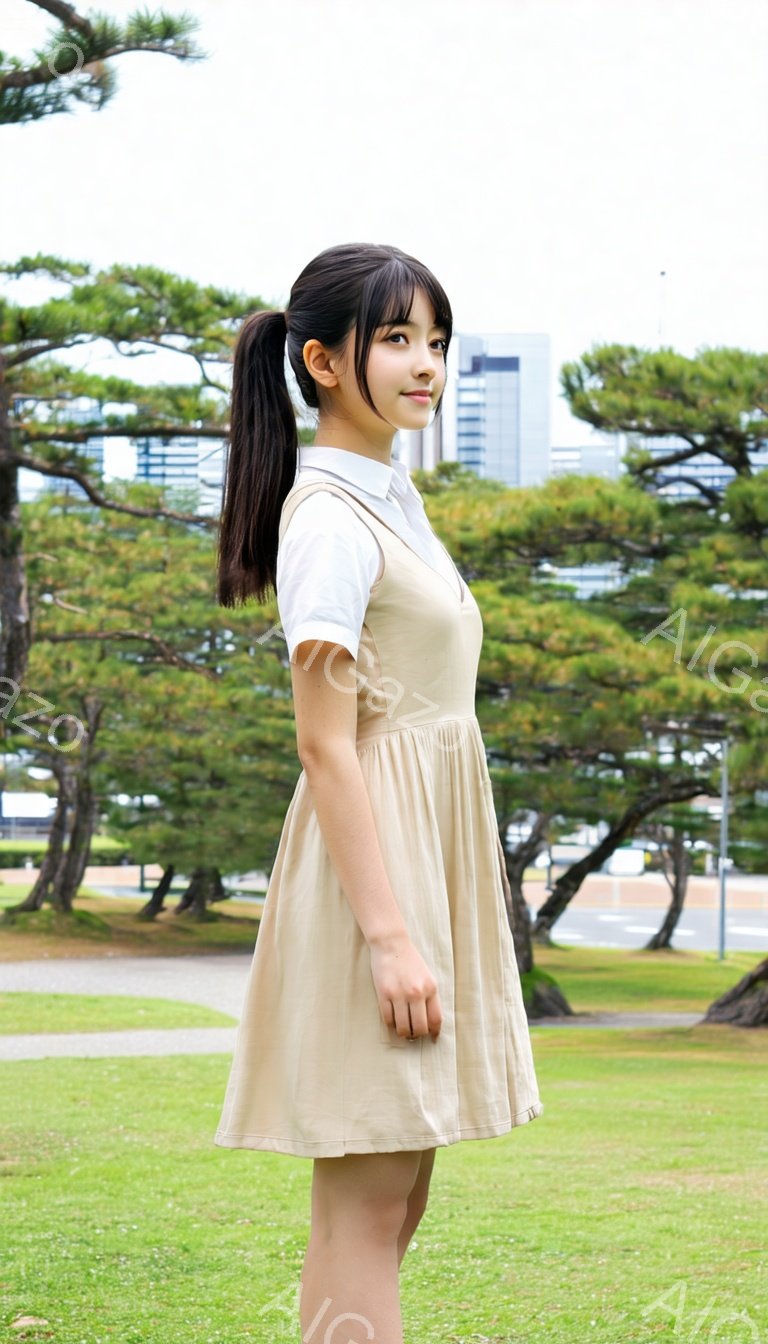 黒髪をポニーテールにした若い女性が、ベージュ色のワンピースの上に白いTシャツを着ています。彼女は正面を向き、少し微笑んでおり、姿勢はまっすぐでリラックスしています。背景には緑豊かな芝生と木々、そして遠くに高層ビルが見え、晴れた日の穏やかな雰囲気を感じさせます。