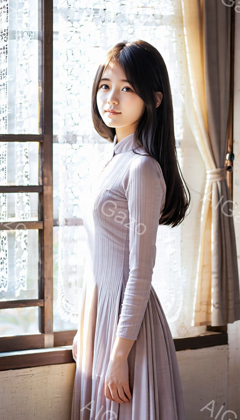 長い黒髪をセンターパートにした若い女性が、薄いピンク色の長袖のプリーツワンピースを着ています。彼女はわずかに微笑んでおり、姿勢はまっすぐで、窓のそばに立っています。背景には、障子のような模様の窓と、薄いカーテンが見え、柔らかい光が差し込んで、穏やかで優しい雰囲気を醸し出しています。