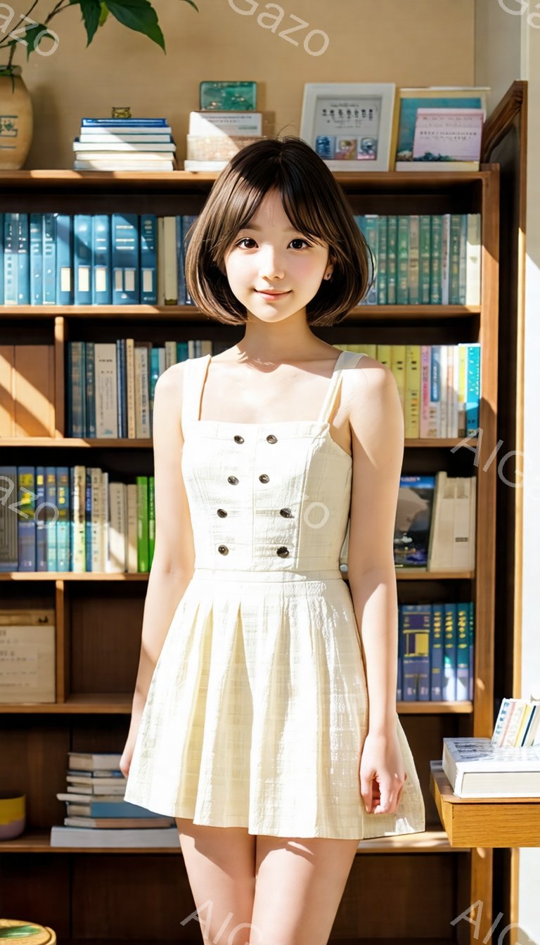 明るい色のワンピースを着た若い女性が写っています。ワンピースは肩紐付きで、胸元にボタンが並び、フレアスカートになっています。彼女は黒髪のショートボブで、微笑んでおり、背景には本棚が並び、落ち着いた雰囲気です。