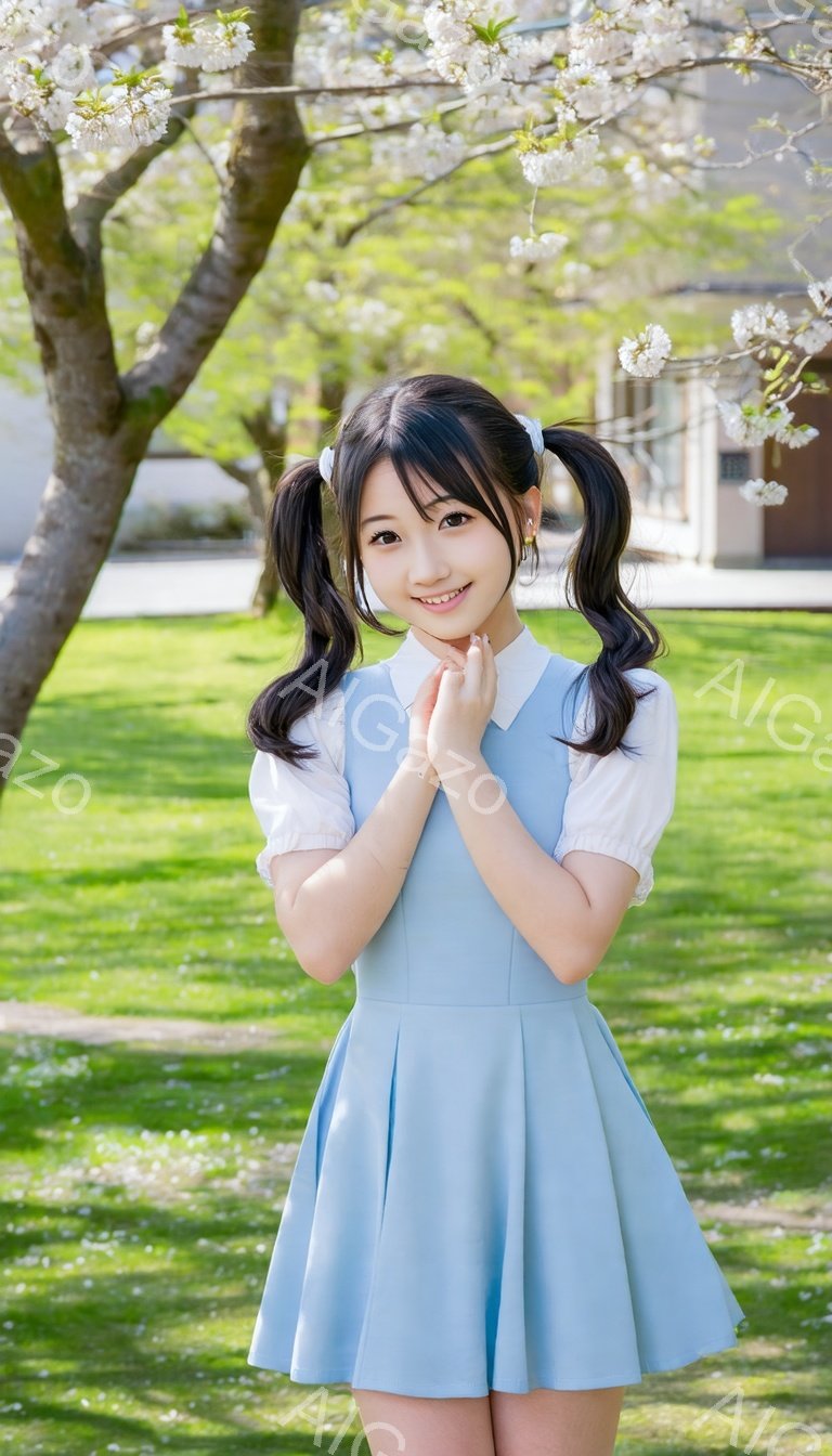 明るい笑顔の若い女性が、淡い水色のワンピースを着て、芝生の公園に立っています。彼女は黒髪をツインテールにし、両手を合わせて微笑んでいます。背景には桜の木が咲き誇り、春の穏やかな日差しが降り注いでいます。