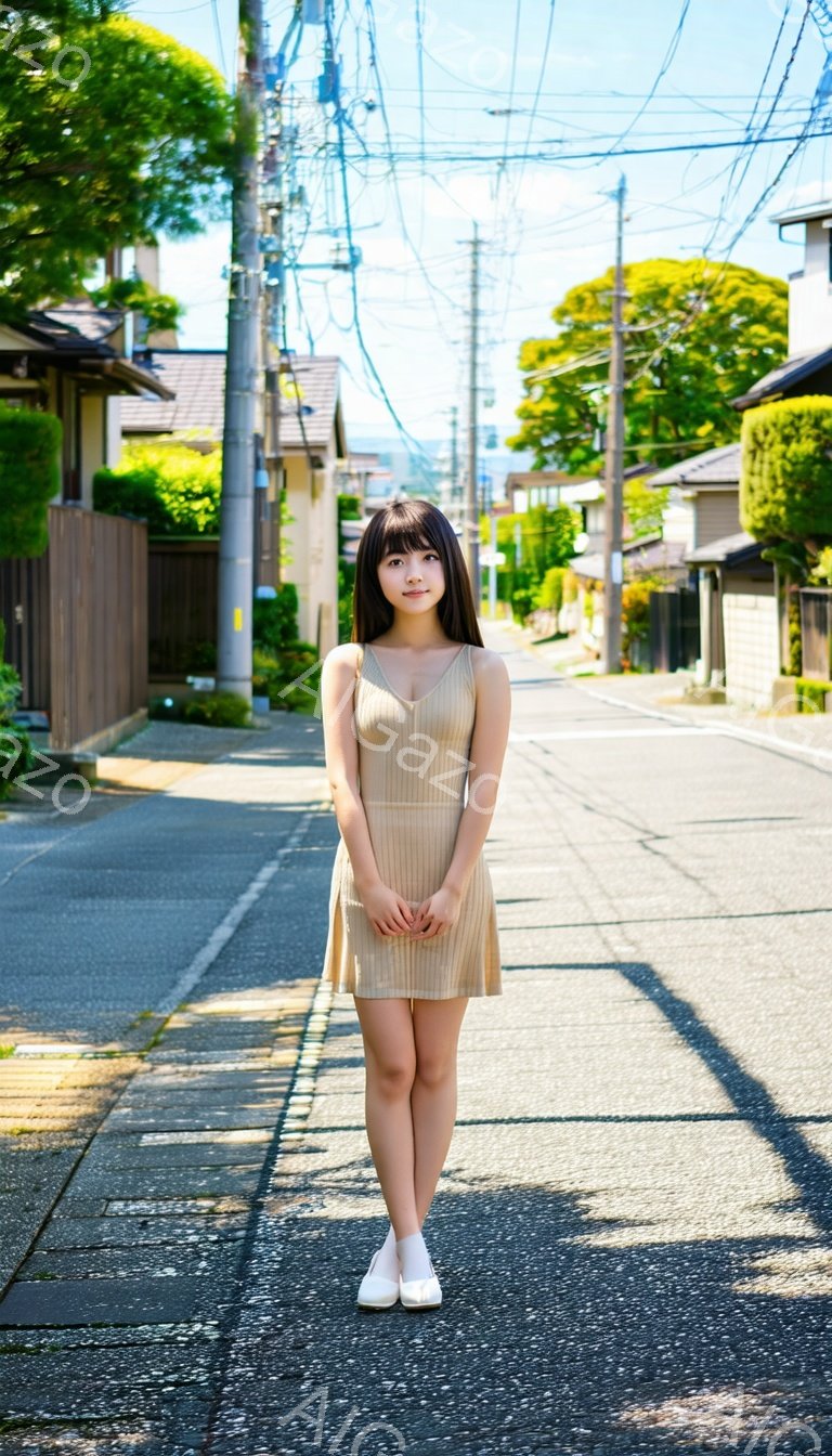 若い女性がアスファルトの道に立っており、ベージュ色の短いワンピースと白い靴を履いています。彼女は黒髪のストレートヘアで、控えめな笑顔を浮かべています。背景には日本の住宅街が広がり、緑豊かな木々や電柱が見え、晴れた日の穏やかな雰囲気を醸し出しています。